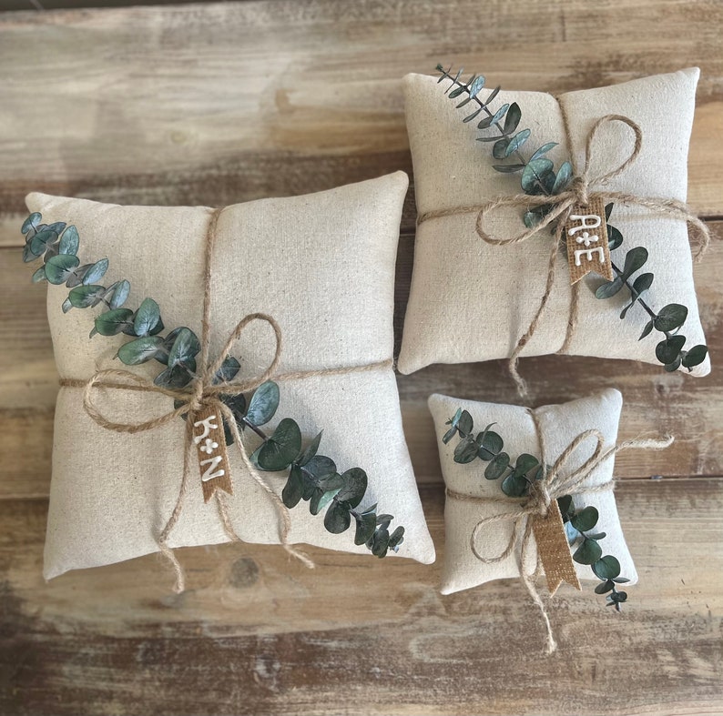 Natural Cotton Ring Bearer Pillow with Preserved Baby Eucalyptus Jute Twine and Personalized Burlap Tag Three Sizes Available Minimalist image 7