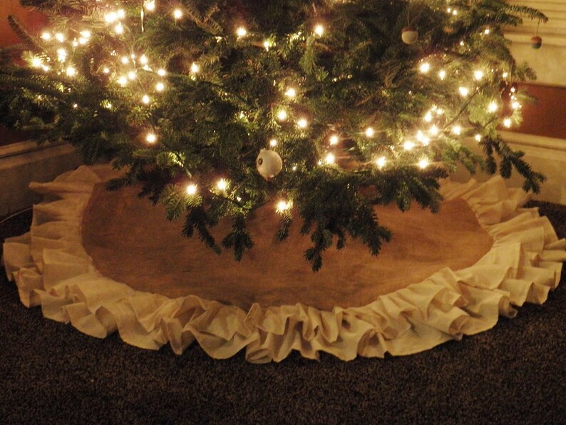 58 Double Ruffle Burlap Tree Skirt-Natural Burlap-Christmas-Country/Folk/Rustic Other Colors Available-Customize-Large Tree Skirt image 1