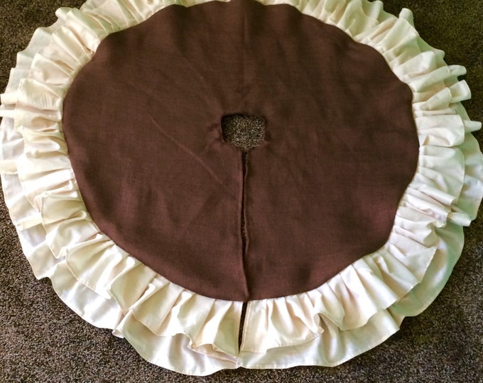 58" Double Ruffle Burlap Tree Skirt-Chocolate Brown Burlap w/ Off White Ruffles-Christmas-Country/Folk/Rustic- Other Colors Available-Custom
