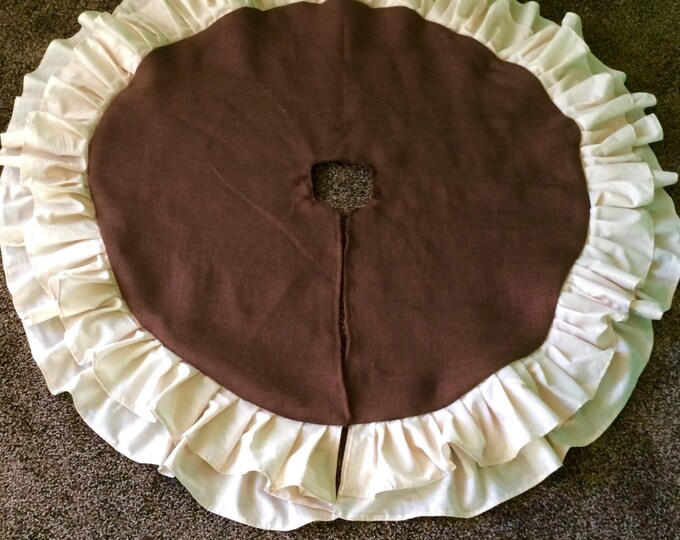 58" Double Ruffle Burlap Tree Skirt-Chocolate Brown Burlap w/ Off White Ruffles-Christmas-Country/Folk/Rustic- Other Colors Available-Custom