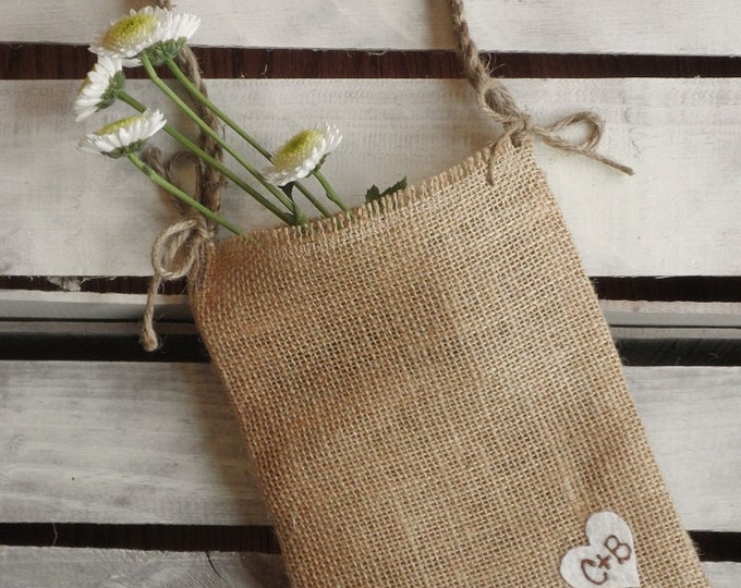 Burlap Flower Girl Bag w/ Heart and Jute Twine Handle - Choose Your Color-Personalize w/ Initals- Country/Shabby Chic/Rustic/Folk/Wedding