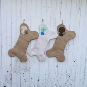 Burlap Dog Bone Christmas Stocking With 3 Rosettes- Puppy/Dog Stocking-Personalize With Letter/Custom Colors-Rustic/Shabby Chic//Natural