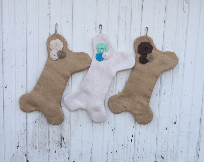 Burlap Dog Bone Christmas Stocking With 3 Rosettes- Puppy/Dog Stocking-Personalize With Letter/Custom Colors-Rustic/Shabby Chic//Natural