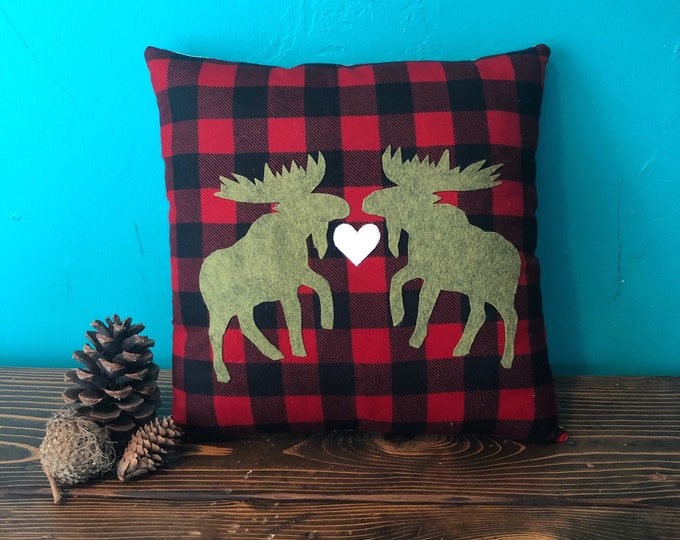 Moose Love Pillow- Red & Black Buffalo Check/Plaid with Natural Cotton- Winter-Christmas- Farmhouse Style-Lodge/Cabin Decor-Rustic