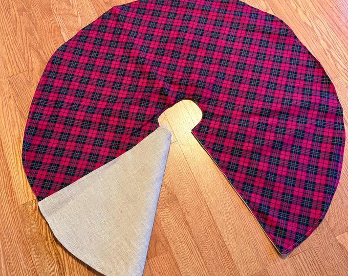 Ready To Ship 40" Red Green Plaid Cotton & Natural Burlap Tree Skirt- Reversible- Rustic Cabin Lodge- Farmhouse Holiday Decor