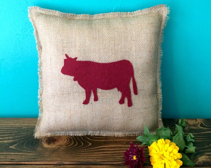 13" x 13" Burlap Pillow w/ Farm Animals- Choose Your Colors-Choose Your Animal-Horse/Pig/Cow/Rooster/Sheep/Goose-Rustic Chic-Farmhouse Decor