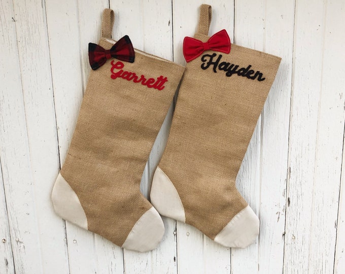 Natural Burlap Christmas Stocking with Bow & Patch Detail-Personalize- Cursive Name-Many Colors Available-Baby Girl-Baby Boy-Kids-Farmhouse