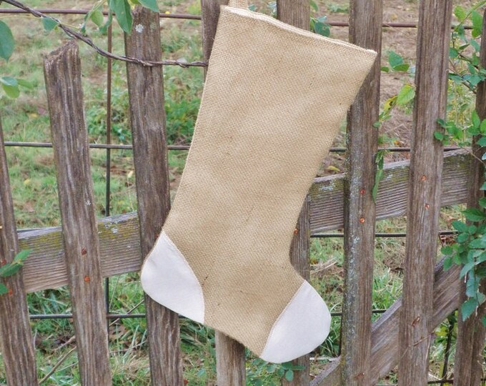 Burlap Christmas Stocking-With Cream Muslin Patches-Fully Lined- Four Colors Available-Country/Folk/Shabby Chic/Rustic