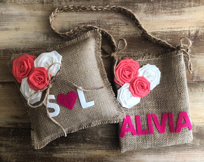 Personalized Burlap Ring Bearer Pillow & Flower Girl Bag Set - CUSTOM COLORS-Rosette and Jute Twine Detail-Wedding/Rustic/Country/Beach