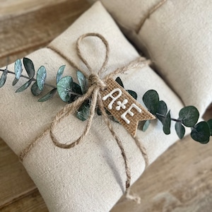 Natural Cotton Ring Bearer Pillow with Preserved Baby Eucalyptus Jute Twine and Personalized Burlap Tag Three Sizes Available Minimalist image 3