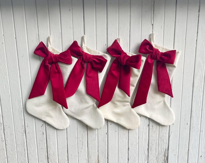 Velvet Christmas Stocking with Statement Bow- Choose Your Color Combo- Extra Large Bow- White- Red- Teal- Orange- Blue- Gray- Purple
