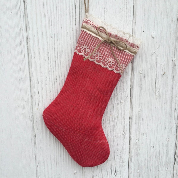 Red Burlap and Lace Christmas Stocking-Personalize with a Name-Shabby Chic-Natural/Folk/Country/Rustic-4 Colors Available-CUSTOMIZE