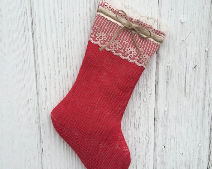 Red Burlap and Lace Christmas Stocking-Personalize with a Name-Shabby Chic-Natural/Folk/Country/Rustic-4 Colors Available-CUSTOMIZE