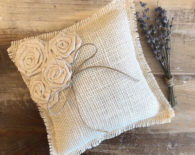 8" x 8" Off-White Burlap Ring Bearer Pillow w/ Natural Cotton Rosettes/Jute Twine Detail- Barn Wedding/Rustic/Country/Shabby Chic/Folk