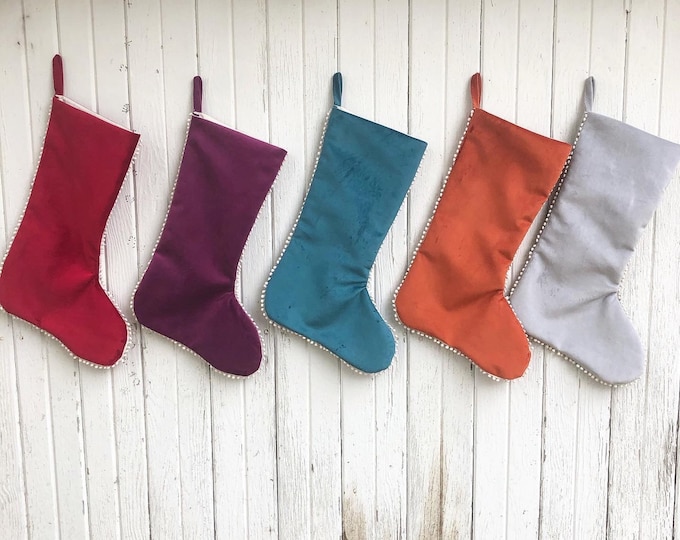 Velvet Christmas Stockings with Mini Pom Pom Edging Detail- Choose Your Color- Orange/Teal/Red/Gray/Pink/Purple-Personalize-Custom-Bohemian