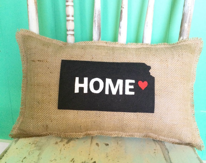 Kansas Home Pillow-11" x 18" Natural Burlap Pillow-Create Your Own Color Combo-24 Colors Available-Rustic/Shabby Chic-State