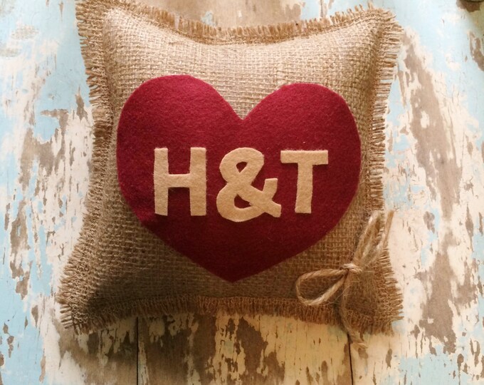 8" x 8" Burlap Ring Bearer Pillow w/ Heart & Initials-Personalize-Custom Colors Available- Rustic/Country/Shabby Chic/-Wedding Ceremony