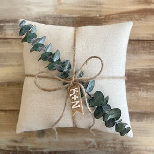 Natural Cotton Ring Bearer Pillow with Preserved Baby Eucalyptus Jute Twine and Personalized Burlap Tag Three Sizes Available Minimalist image 5