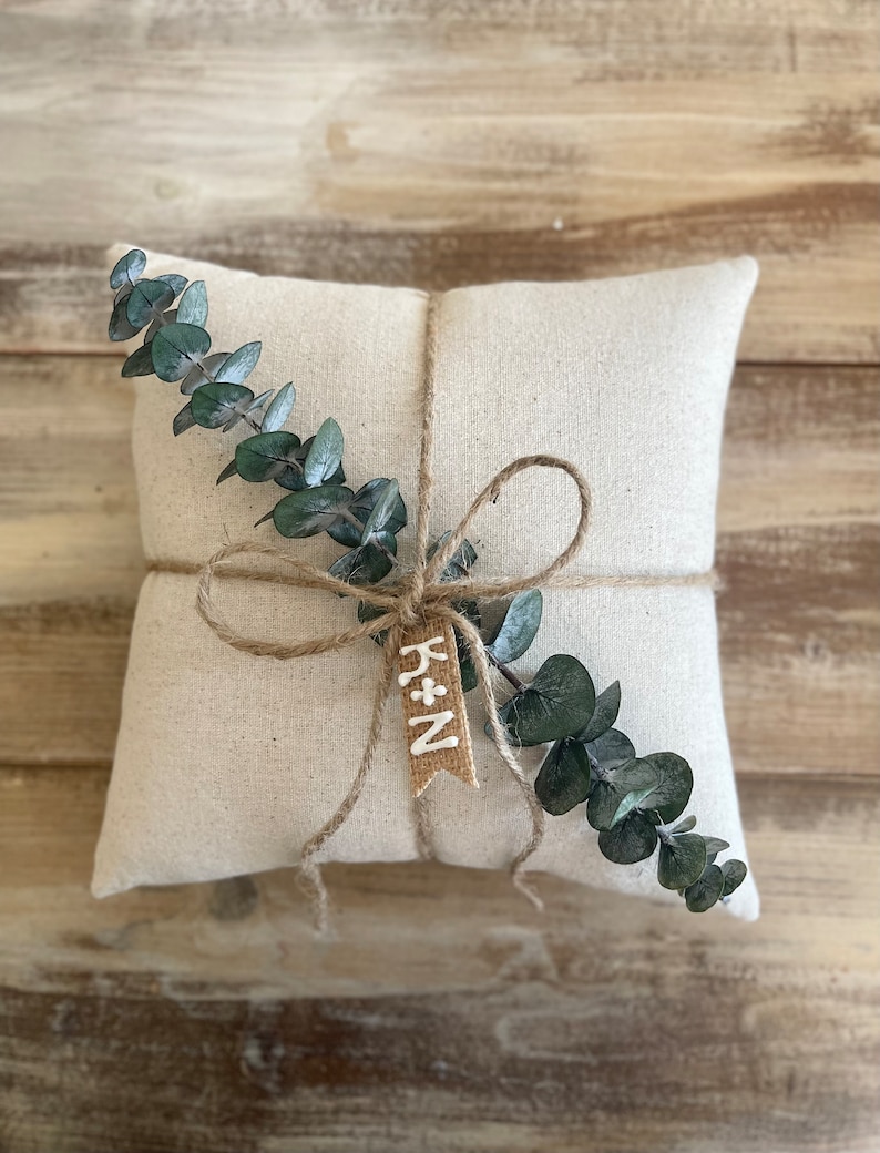 Natural Cotton Ring Bearer Pillow with Preserved Baby Eucalyptus Jute Twine and Personalized Burlap Tag Three Sizes Available Minimalist image 5