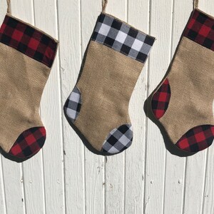 Buffalo Plaid & Burlap Christmas Stocking- Red/Black and Black/White Buffalo Check- Natural Burlap-Cotton Flannel-Farmhouse-Holiday Decor