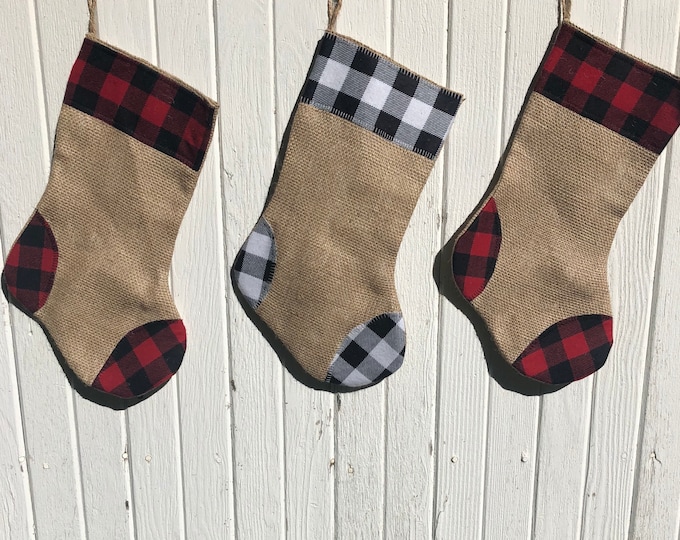 Buffalo Plaid & Burlap Christmas Stocking- Red/Black and Black/White Buffalo Check- Natural Burlap-Cotton Flannel-Farmhouse-Holiday Decor