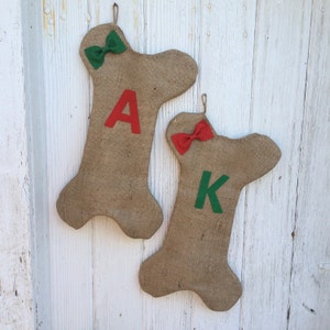 Burlap Dog Bone Christmas Stocking With Bow/Bow Tie- Puppy/Dog Stocking-Personalize With Letter/Custom Colors-Rustic/Shabby Chic//Natural