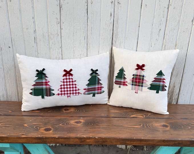 Ready To Ship Organic White Linen & Christmas Plaid Tree Throw Pillows with Velvet Ribbon Bows- Choice Size- Holiday Decor