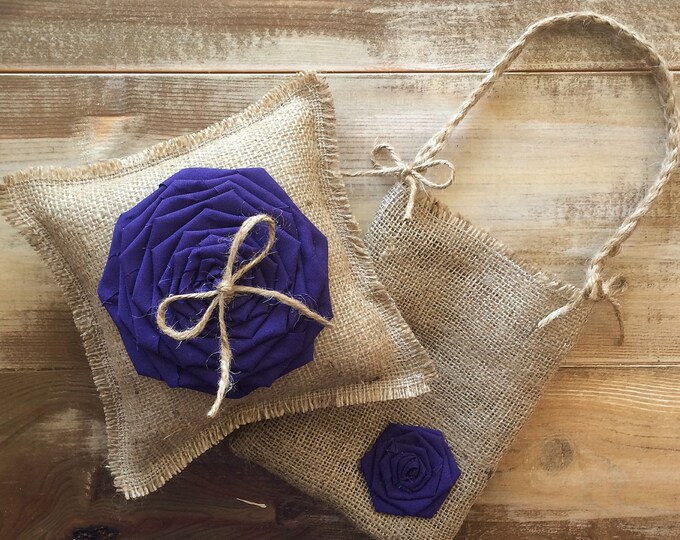 Wedding Set-8" x 8" Burlap Ring Bearer Pillow With Large Rosette & Flower Girl Bag With Rosette-Twine-CUSTOM COLORS AVAILABLE- Rustic