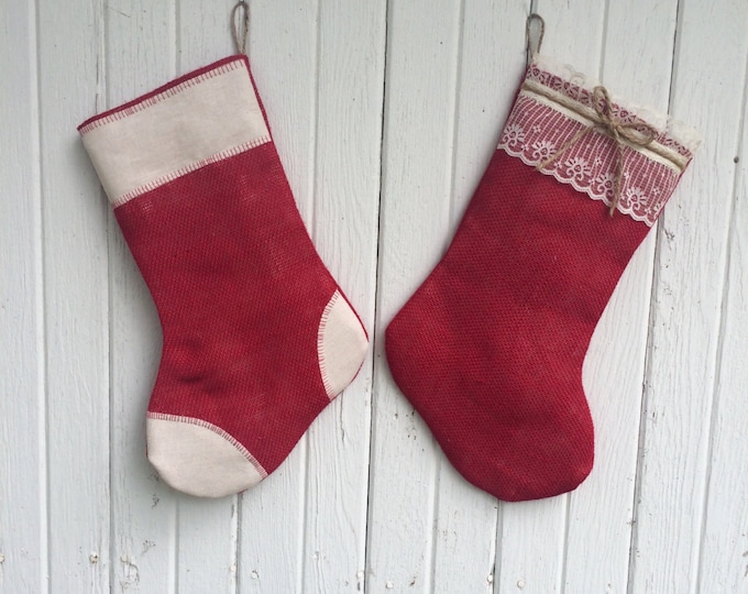 His & Hers-Set of 2 Stockings-Red Burlap w/ Lace and Red Burlap w/ Cream Patches-Christmas Stocking-Personalize with a Name-Shabby Chic