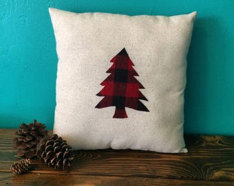 Woodland Themed Buffalo Plaid Applique Pillows on Natural Cotton Fabric-Choose Your Applique-Moose/Bear/Elk/Deer/Owl/Squirrel/Evergreen Tree