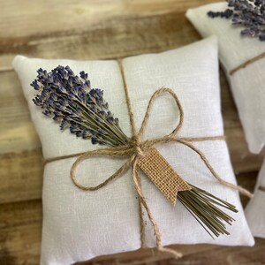 Organic White Linen Ring Bearer Pillow with Dried Lavender Jute Twine and Personalized Burlap Tag Three Sizes Available Natural Florals image 3