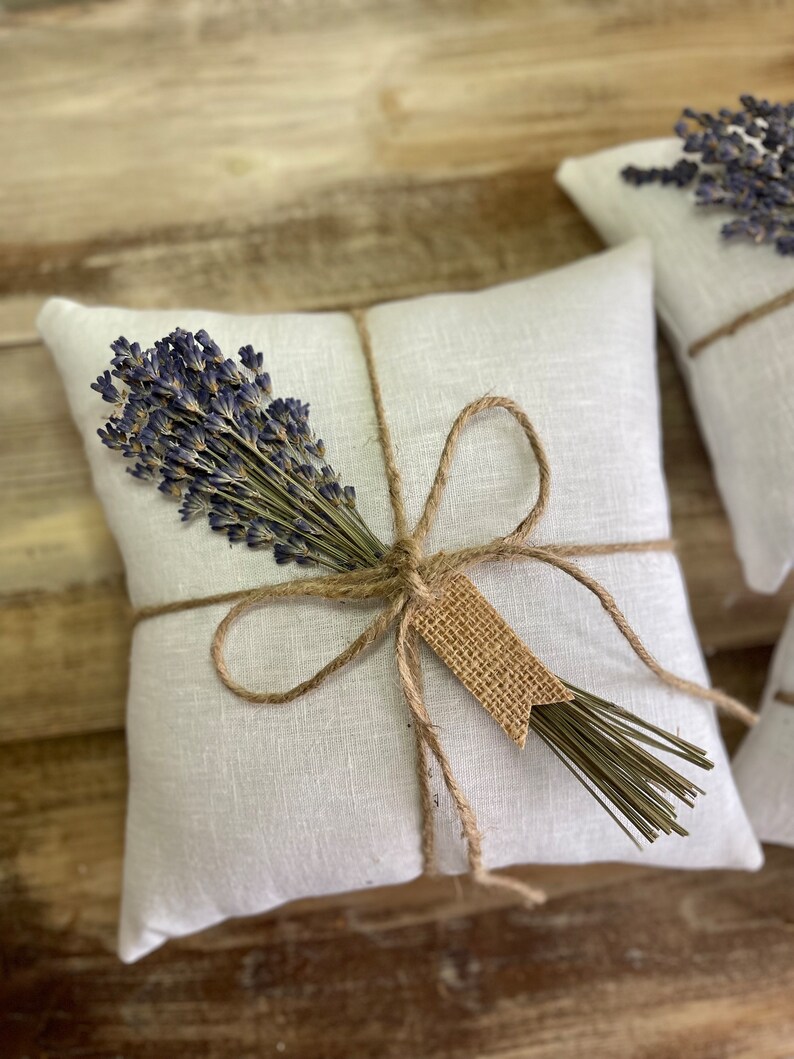 Organic White Linen Ring Bearer Pillow with Dried Lavender Jute Twine and Personalized Burlap Tag Three Sizes Available Natural Florals image 3