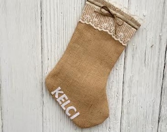 Burlap and Lace Christmas Stocking-Personalize with a Name-Shabby Chic-Natural/Folk/Country/Rustic-4 Colors Available-PERSONALIZE