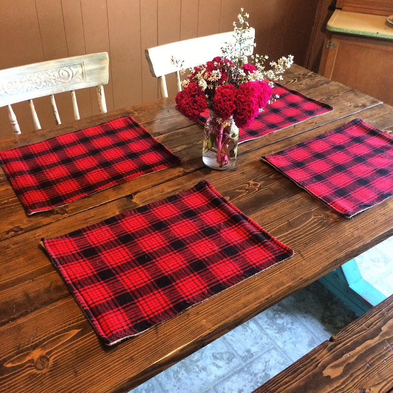 Red Plaid & Burlap Placemats Reversible/double Sided Cabin Etsy