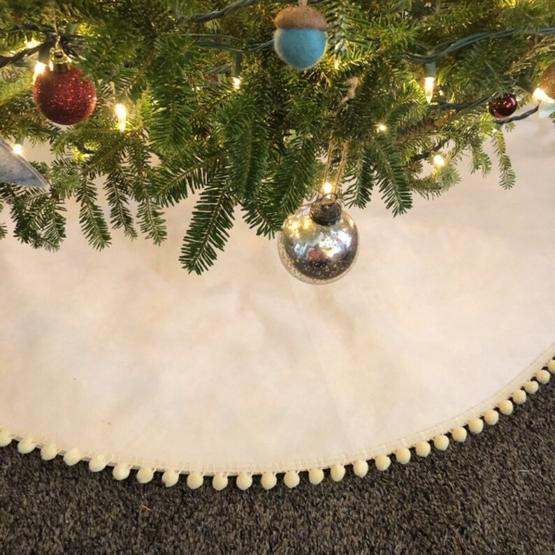 Natural or Burgundy-Boho Christmas Decor Velvet Pom Poms Duck Canvas Pom Pom Tree Skirt Rustic Chic Natural Christmas Decor