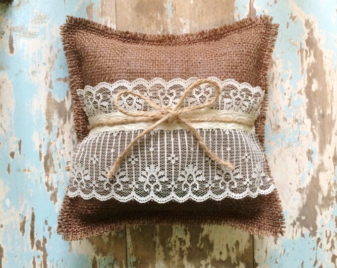 8" x 8" Burlap Ring Bearer Pillow w/ Lace & Jute Twine- Rustic/Country/Shabby Chic/Folk/Wedding-Barn Wedding-Beach Wedding-Mountain Wedding