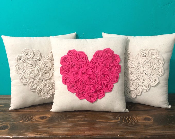 13" x 13" Natural Cotton Rosette Heart Pillow- Cotton Rosettes- Many Colors Available- Customize- Valentines Day- Love Pillow- Shabby Chic