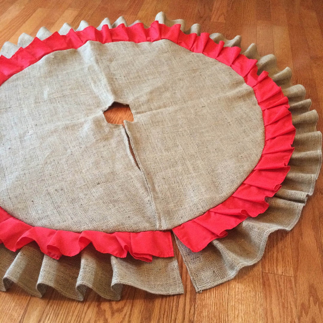 55 Double Ruffle Burlap Tree Skirt-natural Burlap & Red Cotton Ruffles ...