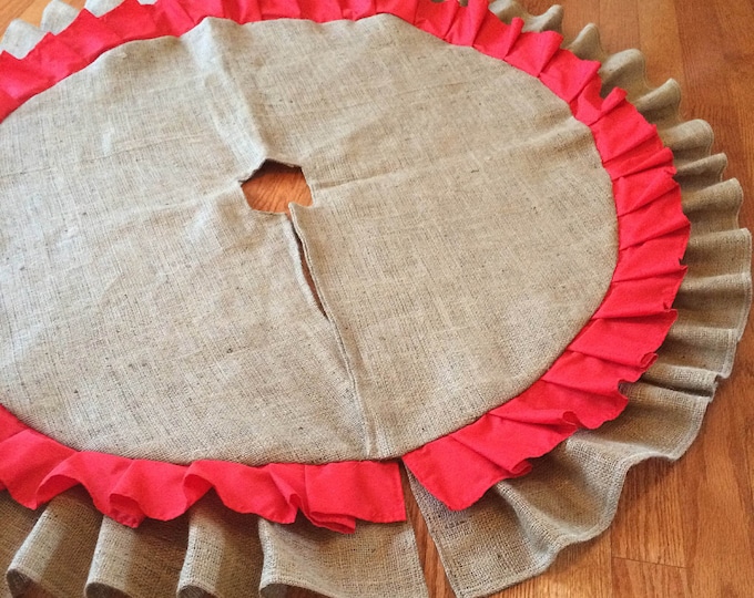 55" Double Ruffle Burlap Tree Skirt-Natural Burlap & Red Cotton Ruffles-Christmas-Country/Folk/Rustic- Other Colors Available-Large Skirt