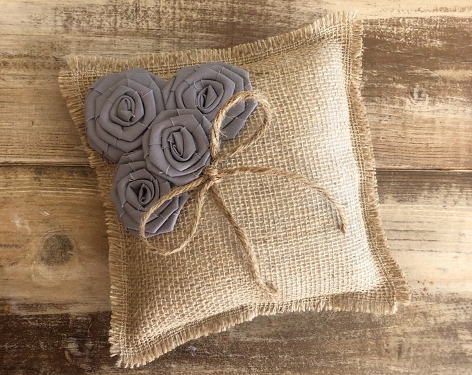 8" x 8" Natural Burlap Ring Bearer Pillow with Medium Gray Cotton Rosettes/Jute Twine Detail- CUSTOM COLORS Available-Barn Wedding/Rustic