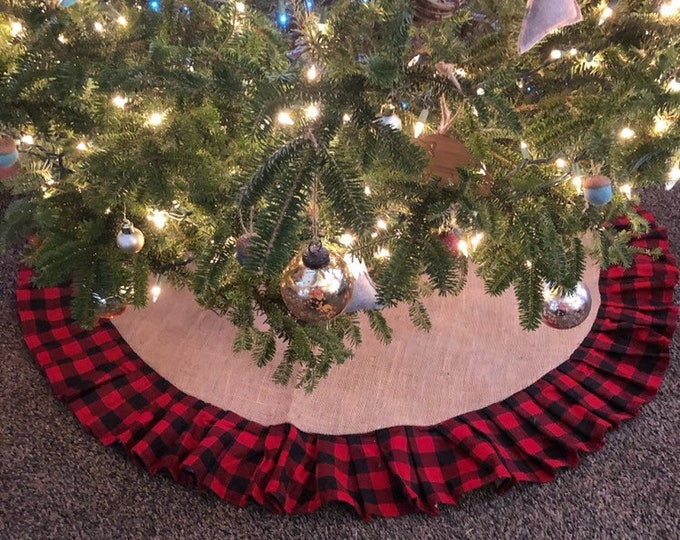 54" Natural Burlap Christmas Tree Skirt w/ Buffalo Plaid Ruffle- Red/Black Buffalo Check- Rustic/Cabin/Lodge Decor-Rustic Chic