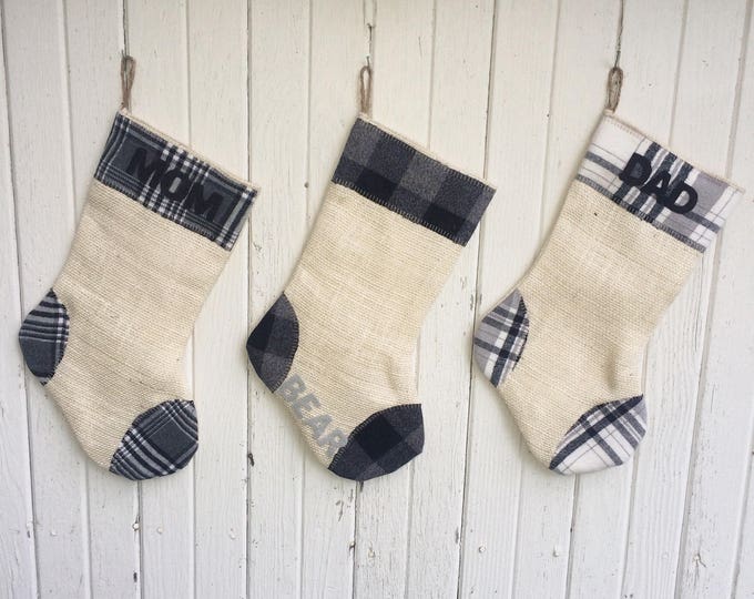 Gray Plaid & Burlap Christmas Stocking- Gray/Black/White-Winter Whites- Natural Burlap-Cotton Flannel- Rustic-Cabin-Woodland-Holiday Decor