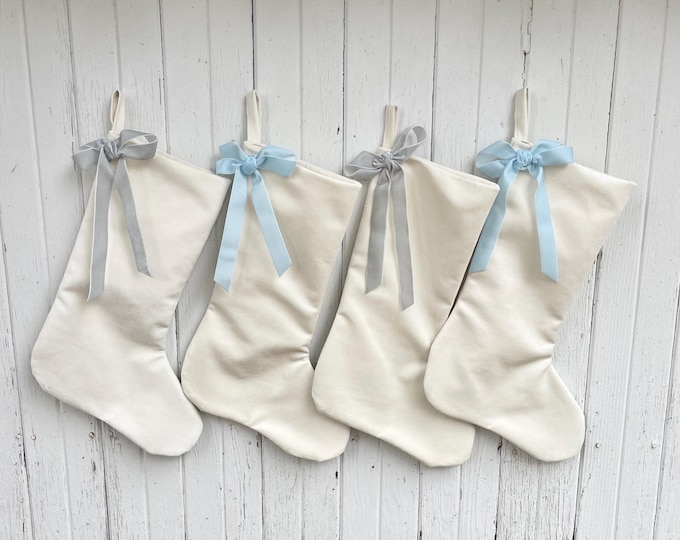 White Velvet Christmas Stocking with Velvet Ribbon Bow- Custom Bow Colors Available- Modern & Minimalist Family Stockings