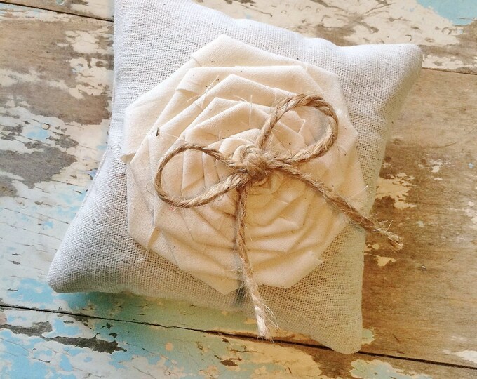 Lavender Filled- Natural Cotton Ring Bearer Pillow w/ Rosette & Jute Twine- Choose Your Rosette Color-Wedding-Beach Wedding-Garden Wedding