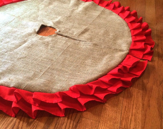 51" Double Ruffle Burlap Christmas Tree Skirt-Natural Burlap & Red Cotton Ruffles-Rustic- Other Colors Avail.-Shabby Chic