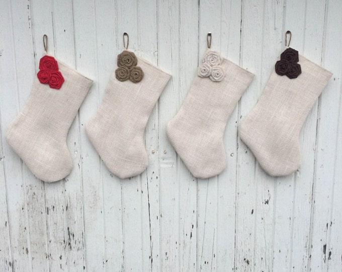 Burlap Triple Rosette Christmas Stocking-Shabby Chic-Natural/Folk/Country/Rustic-CUSTOM Color Combinations Available