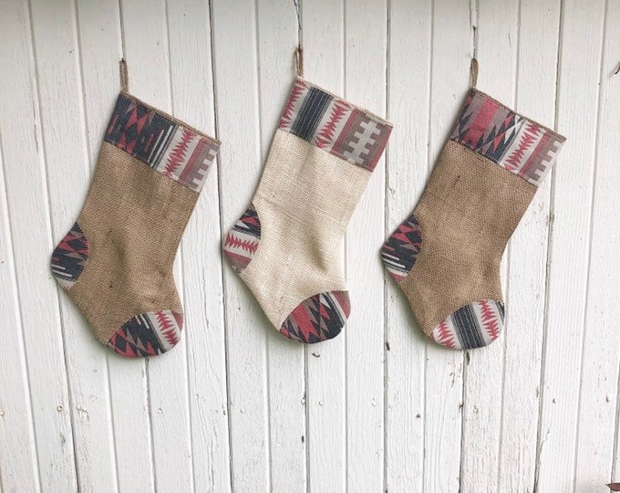 READY TO SHIP-Aztec & Burlap Patch Christmas Stockings-Limited Edition Tribal/Aztec Print- Off white or Natural Burlap- Southwestern/Modern