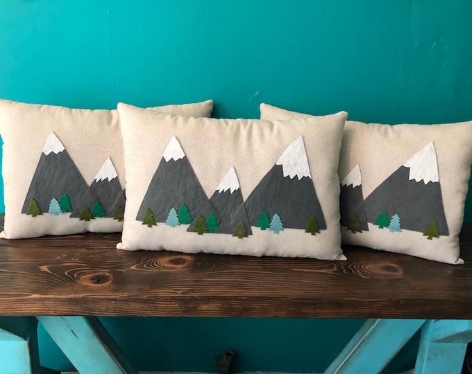 12" x 18" Natural Cotton Pillow w/ Mountain & Tree Appliques-The Mountains Are Calling-Woodland/Hiking/Outdoors--Home/Cabin/Nursery Decor