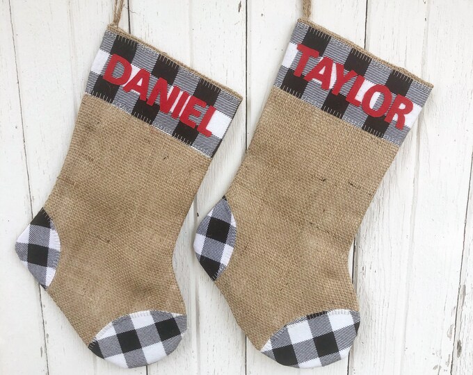 Buffalo Plaid & Burlap Christmas Stocking- Black and White Buffalo Check- Natural Burlap-Cotton Flannel- Rustic-Cabin-Woodland-Holiday Decor