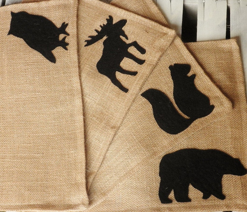 Customize-Moose-Bear-Buck-Doe-Owl-Rabbit-SquirrelRusticCountryFolk Decor Wildlife Themed Natural Burlap Placemats-Double Sided Set of 6
